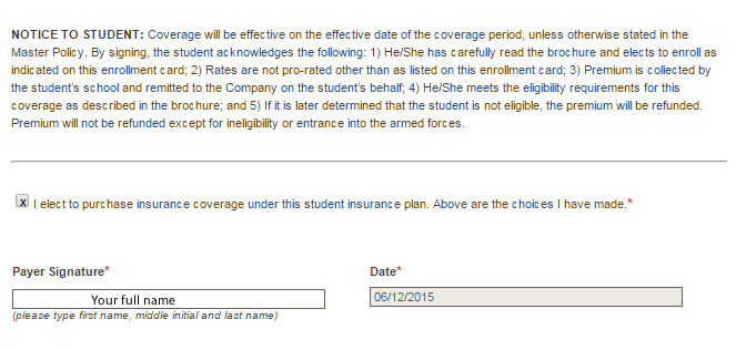 Checkbox image for I elect to purchase insurance coverage under the student insurance plan. Above are the choices I have made.