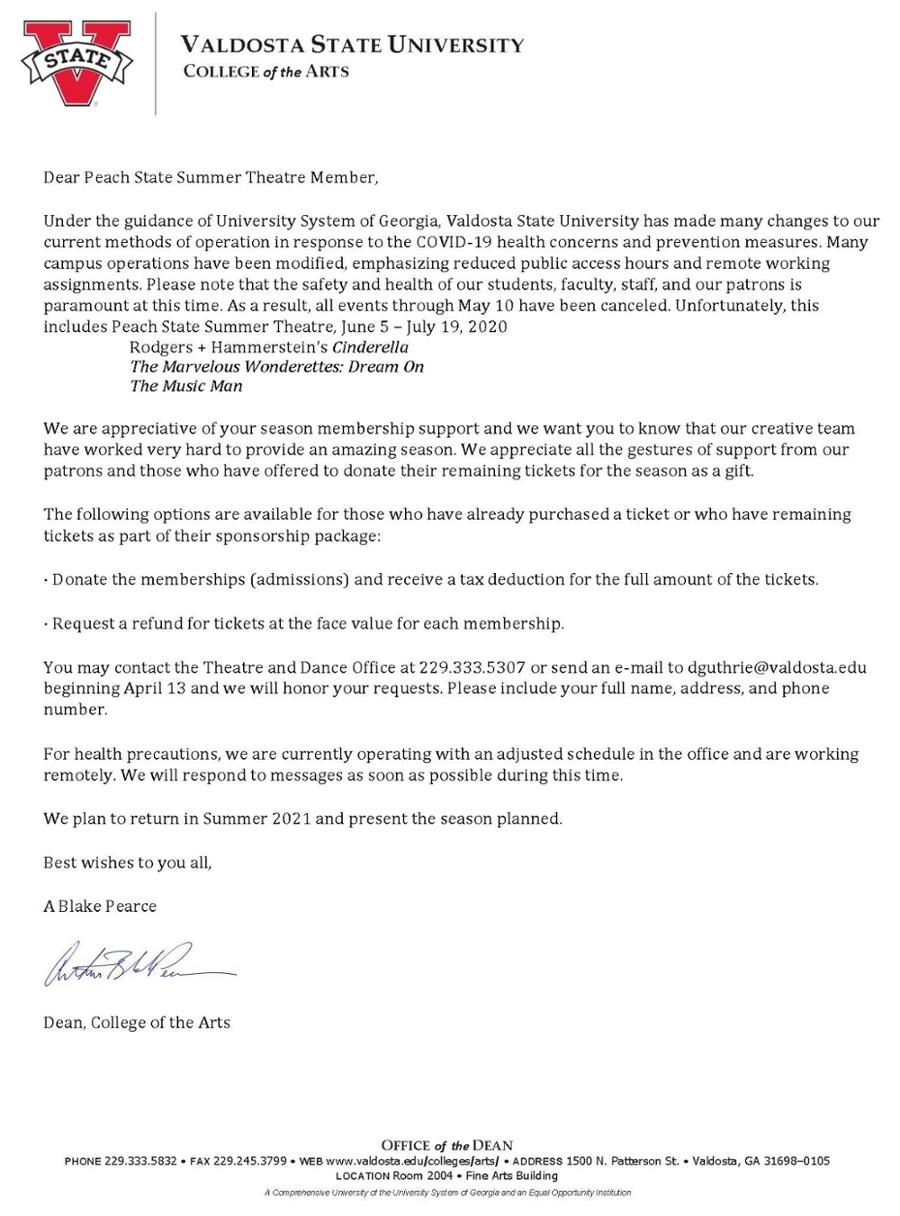 Letter from Dean of the College of the Arts_PSST 2020