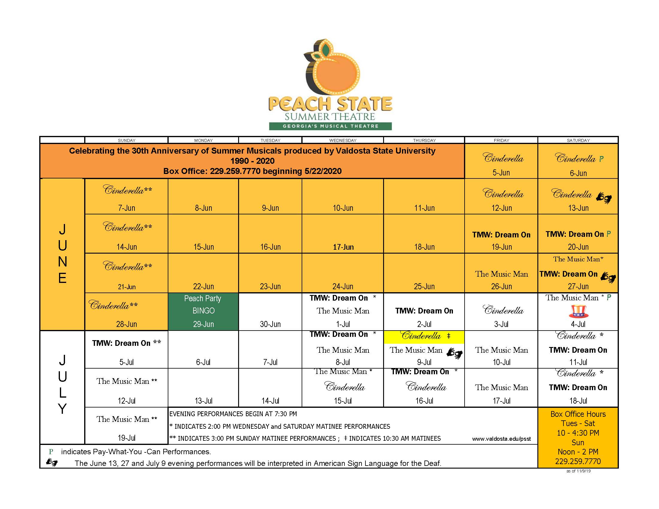 PSST 2020 Performance Schedule Calendar