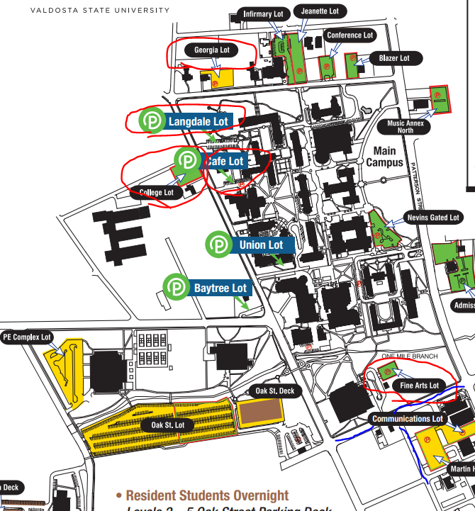 This map highlights parking lots and streets closed.