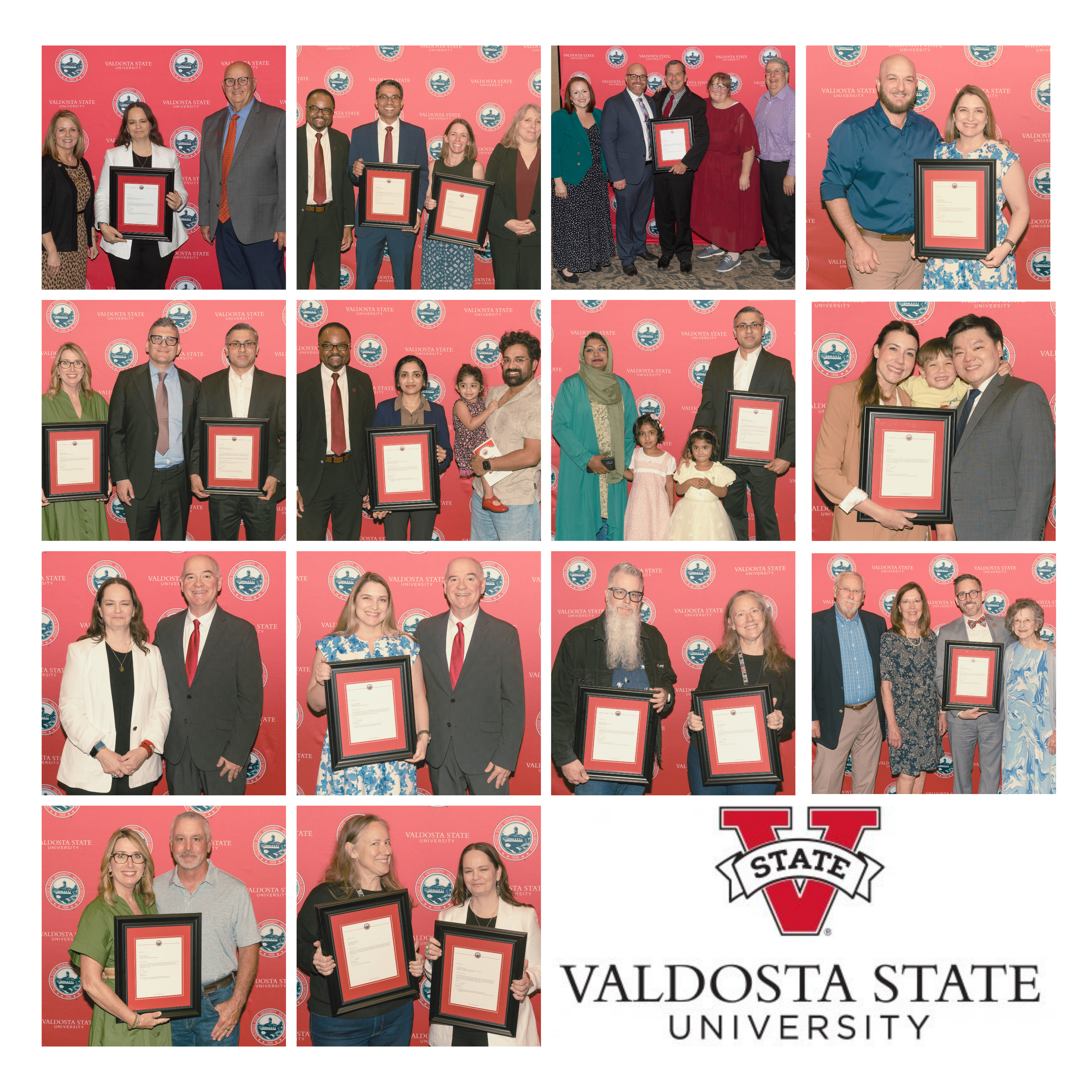 collection of 16 photos showing faculty tenure and promotion recipients with the president
