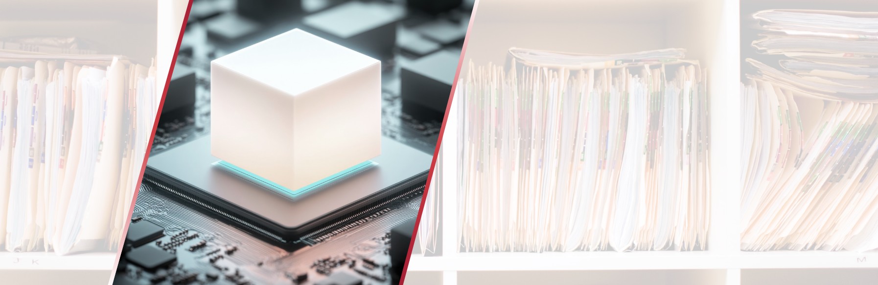 Abstract illustration of a glowing cube sitting on a microchip, flanked by blurred file folders and paper stacks separated by diagonal red dividers.