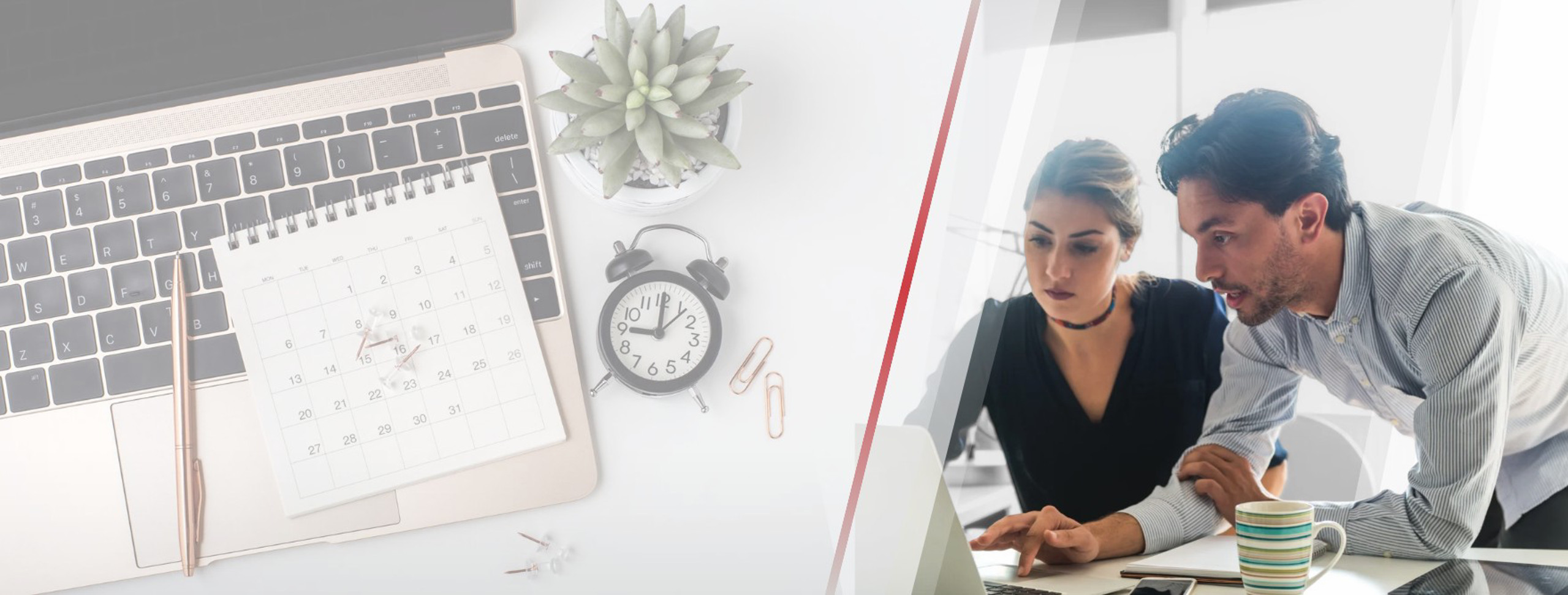 Split-screen office scene with a laptop keyboard and desk items on the left, and two coworkers collaborating at a computer on the right.