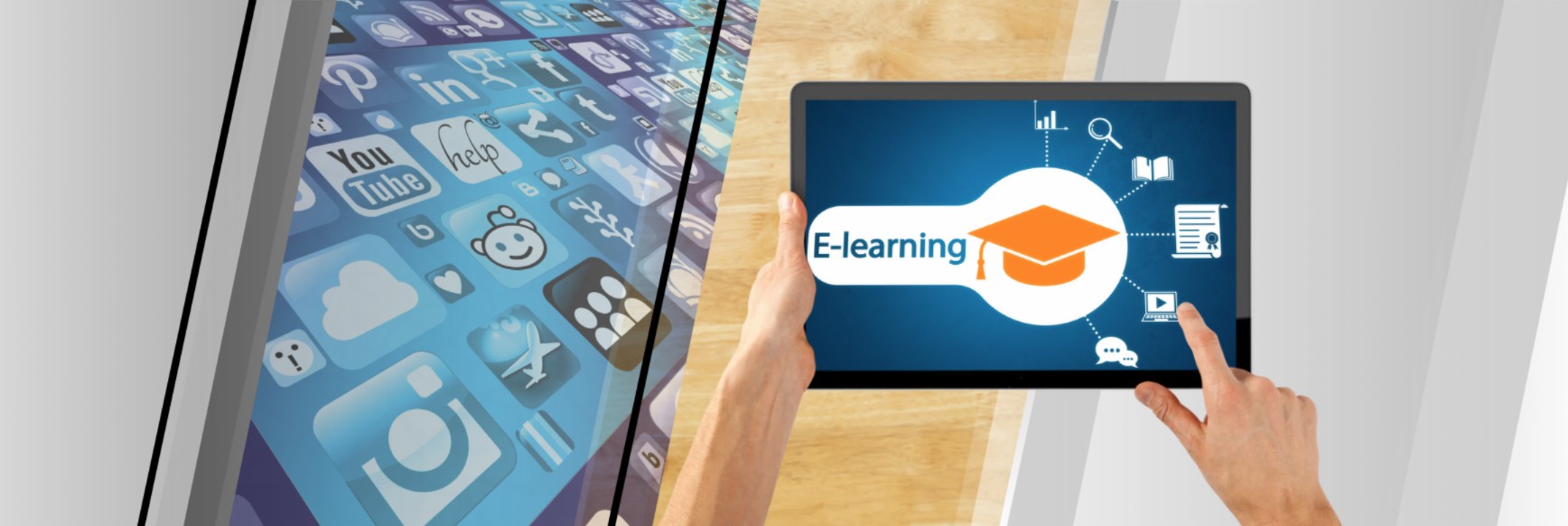 Hands holding a tablet showing an e-learning graphic with a graduation cap and icons for online study tools, next to a smartphone screen filled with social media app icons.