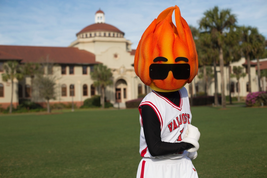 VSU Mascot, Blaze, in front of West Hall on the VSU Front Lawn