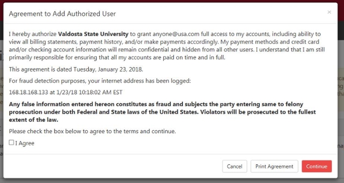 Agreement to add authorized user
