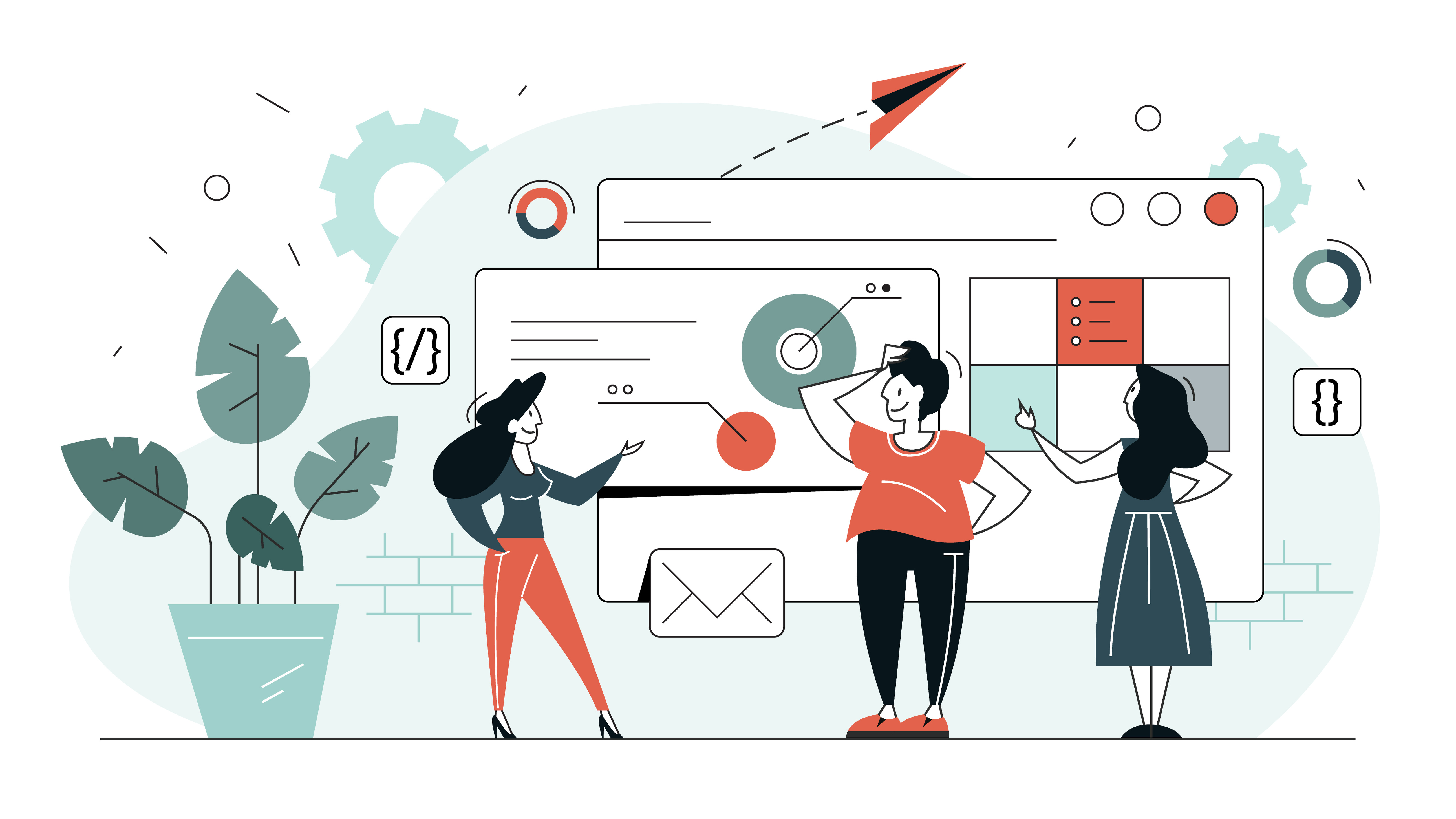 Illustration of three people collaborating on a web interface design, with charts, code icons, and a paper airplane in the background.