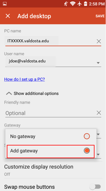 Add Gateway option.