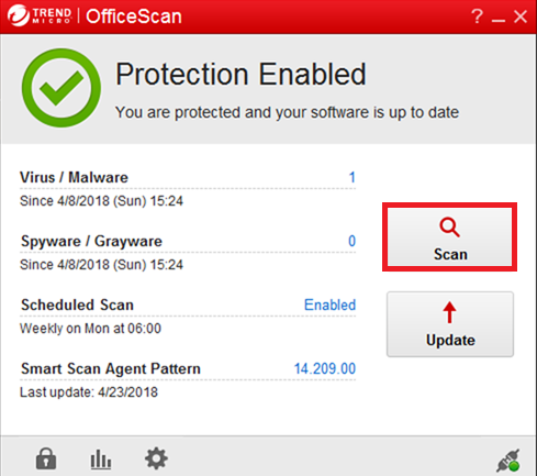 Protection enabled at top of window. Virus/Malware, Spyware/Grayware, Scheduled Scan, Smart Scan Agent Pattern updates listed.   Scan Button Outlined. 
