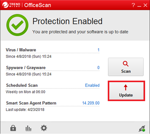Protection enabled at top of window. Virus/Malware, Spyware/Grayware, Scheduled Scan, Smart Scan Agent Pattern updates listed.   Update Button Outlined