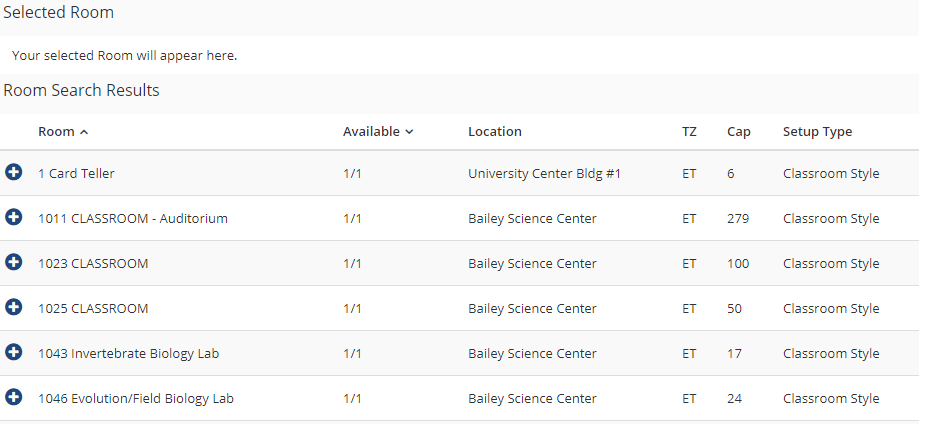 list of rooms available for reservation