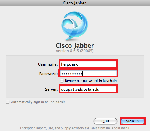 image that shows fields that needs to be completed for Jabber configuration