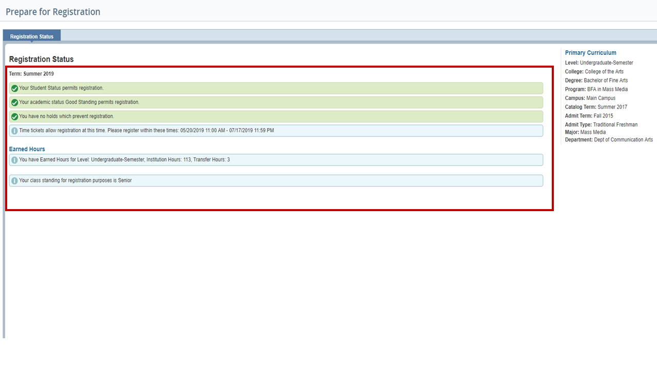 User being able to view registration status, update student term data, and complete pre-registration requirements. 