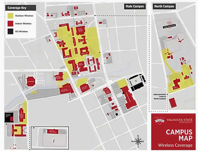 Valdosta State University campus map showing wireless coverage areas, with buildings highlighted and a legend indicating outdoor and indoor coverage.