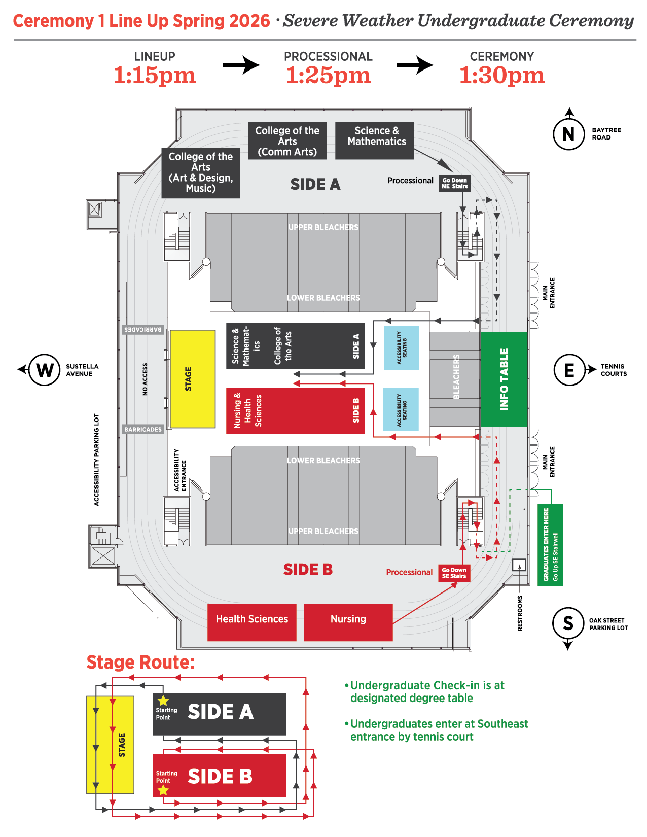 Arena seating map for the Spring 2026 VSU Undergraduate graduation Ceremony showing lineup (1:15 pm), processional (1:25 pm), ceremony (1:30 pm), entrances, info table, accessibility seating, and stage processional routes for Side A and Side B.