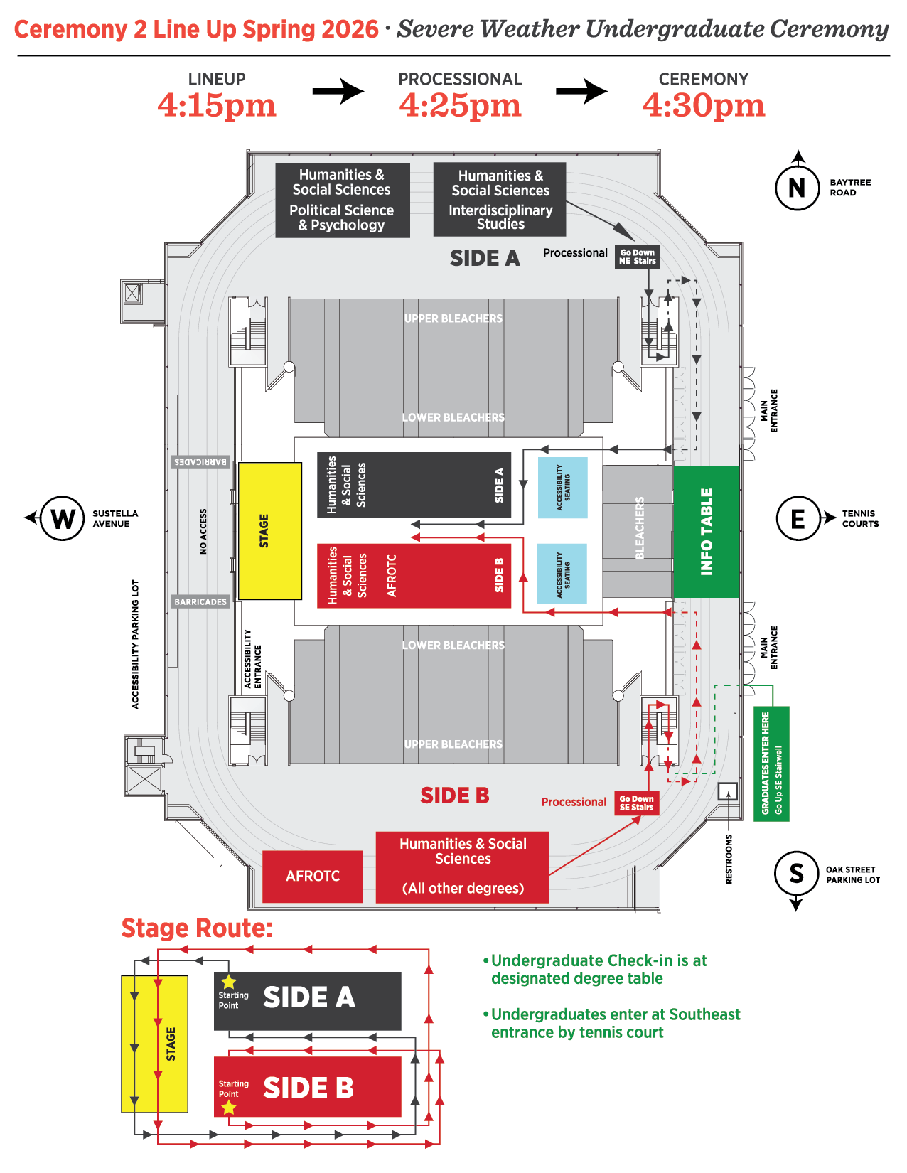 Stadium seating map for the Spring 2026 Severe Weather Undergraduate Ceremony, showing lineup (4:15pm), processional (4:25pm), ceremony (4:30pm), and routes to assigned Side A/Side B degree areas and info table.