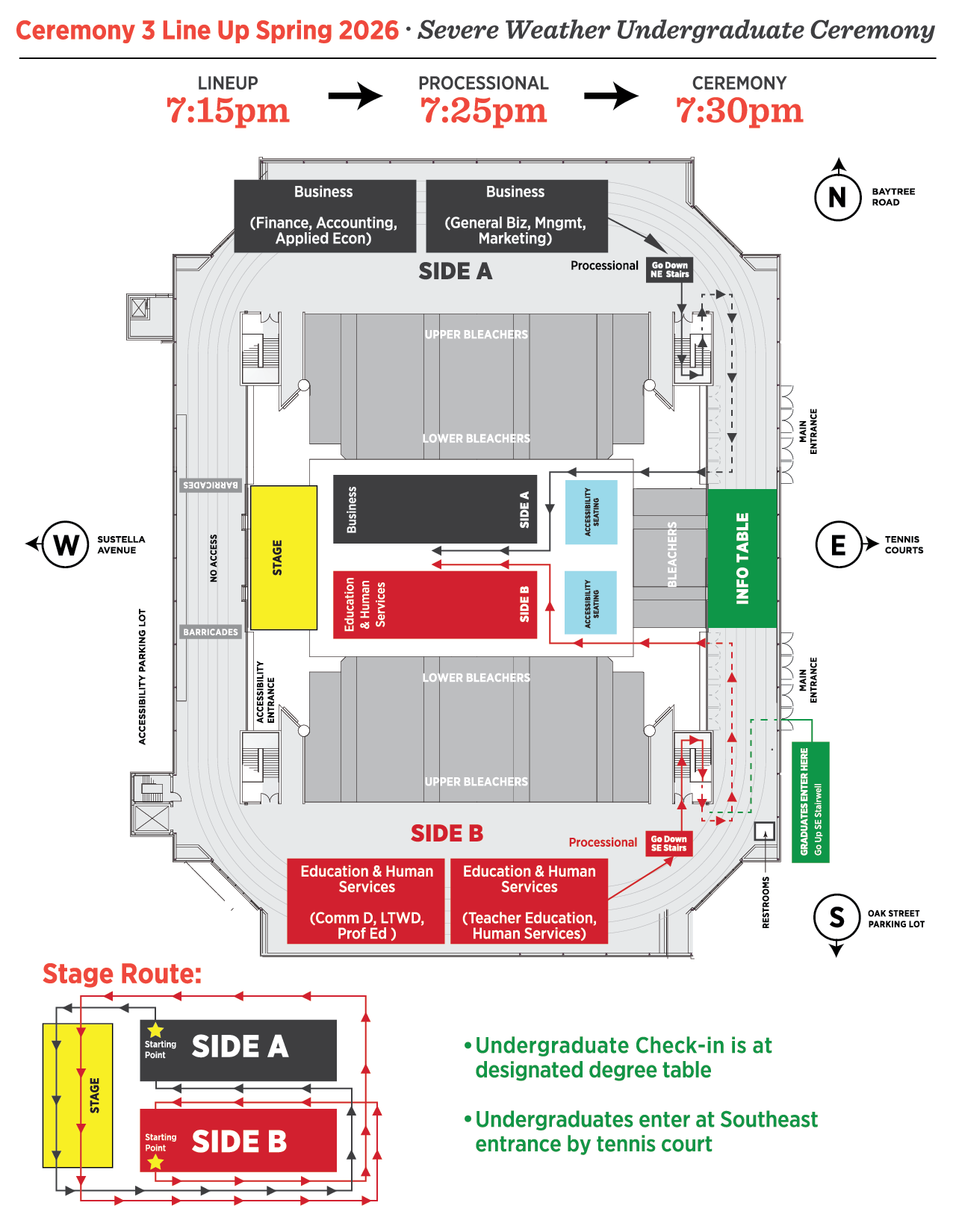 Floor plan diagram for Ceremony 3 lineup Spring 2026 showing Side A and Side B seating, degree line-up areas, procession routes, stage location, and entrances with lineup (7:15pm), processional (7:25pm), and ceremony (7:30pm) times.