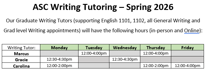 Spring 2026 Tutors schedule