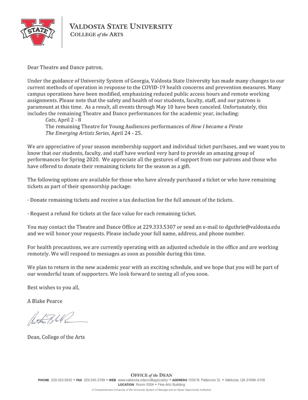 Letter from the Dean of the College of the Arts