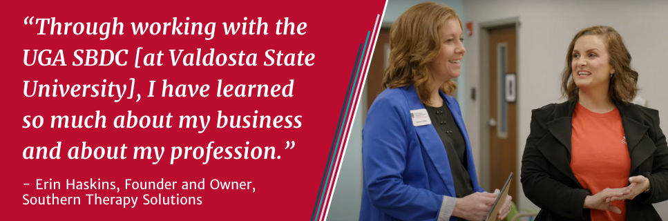 Testimonial graphic with a quote about learning from the UGA SBDC at Valdosta State University, alongside two women talking in an office setting.