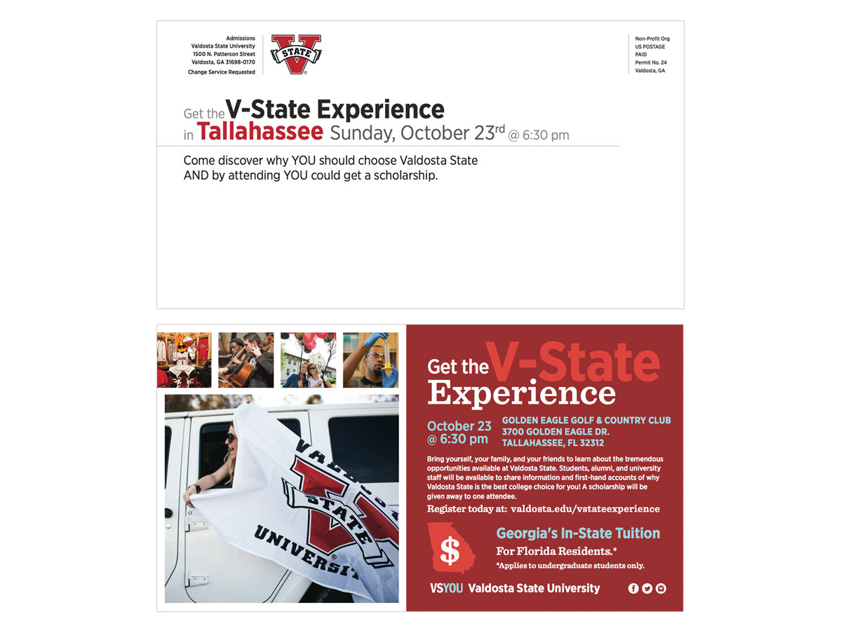 This postcard was created for the Office of Admissions to mail out to potential students notifying them of an upcoming V-State Experience event in their area.
