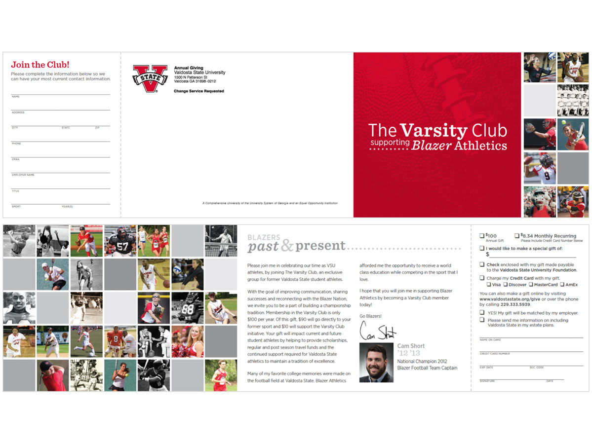 The Varsity Club Mailer - This custom mailer was designed for The Varsity Club. A V-State giving society made up of former Blazer athletes to benefit Blazer athletics.