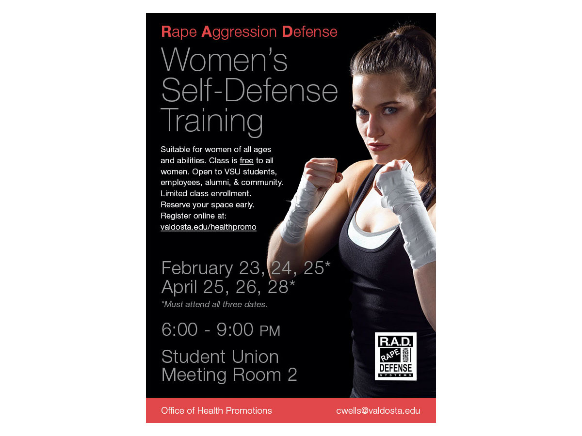 Rape Aggression Defense Training E-Blast -  This eblast graphic was created for the Office of Health Promotions to raise awareness of their RAD, Rape Aggression Defense training available for free on campus.