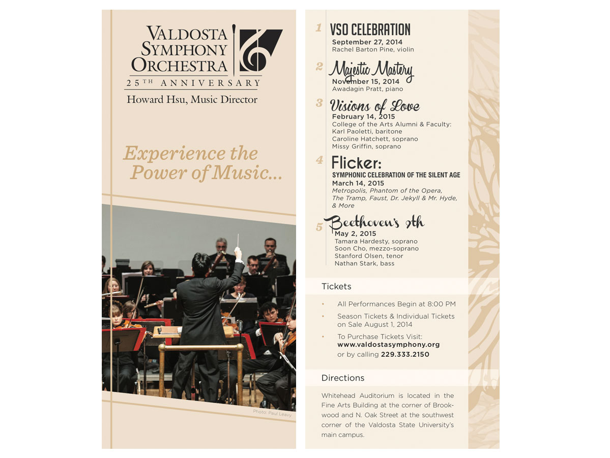 Valdosta Symphony Orchestra Rack Card - This marketing piece was designed by Creative Services for the Valdosta Symphony Orchestra. It was made to go in rack display cases at local hotels, businesses, and the airport.