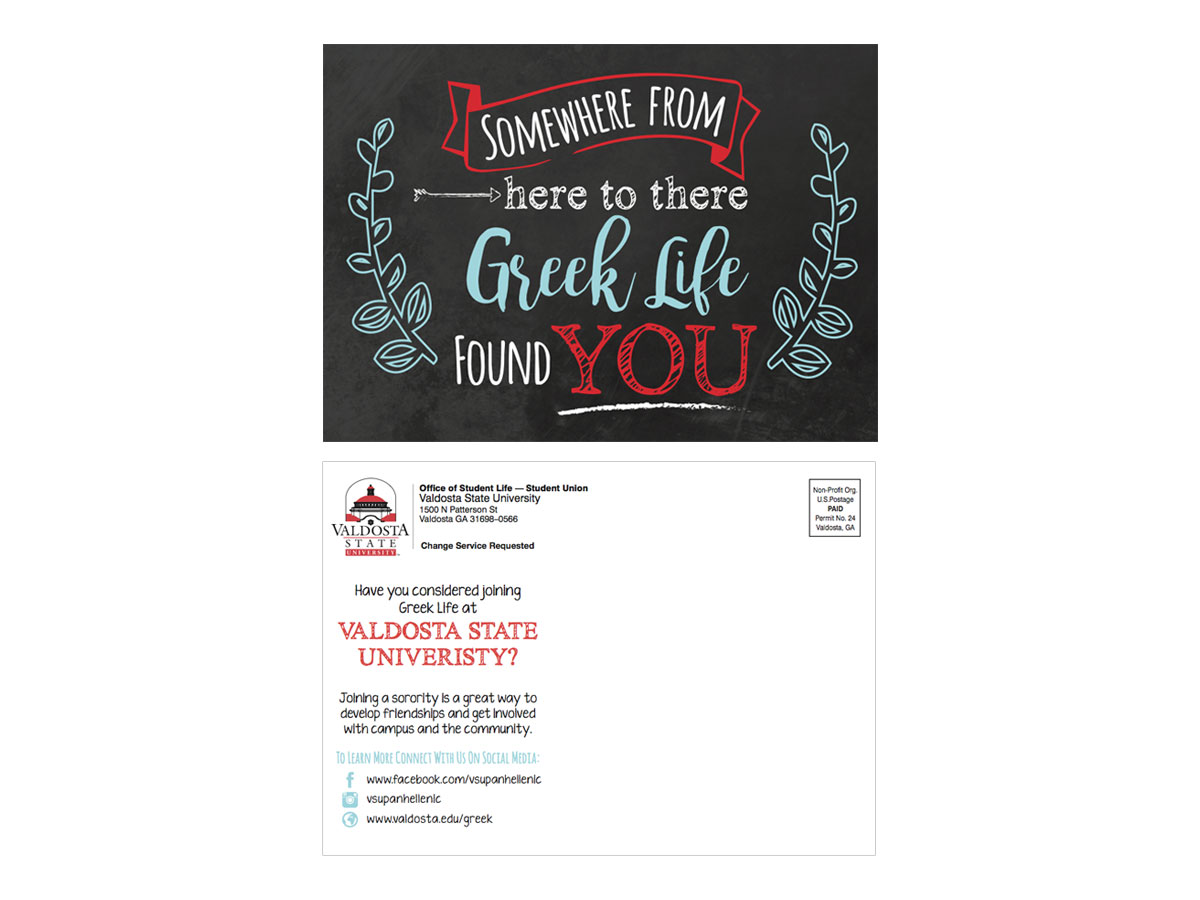 Greek Life Postcard - The Office of Greek Life contacted Creative Services to assist in designing a postcard to mail to all incoming freshmen interested in joining Greek Life.