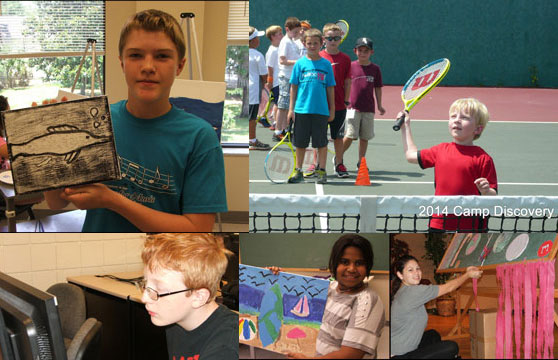 Collage of kids holding their art projects, playing tennis, and otherwise engaged in camp activities.