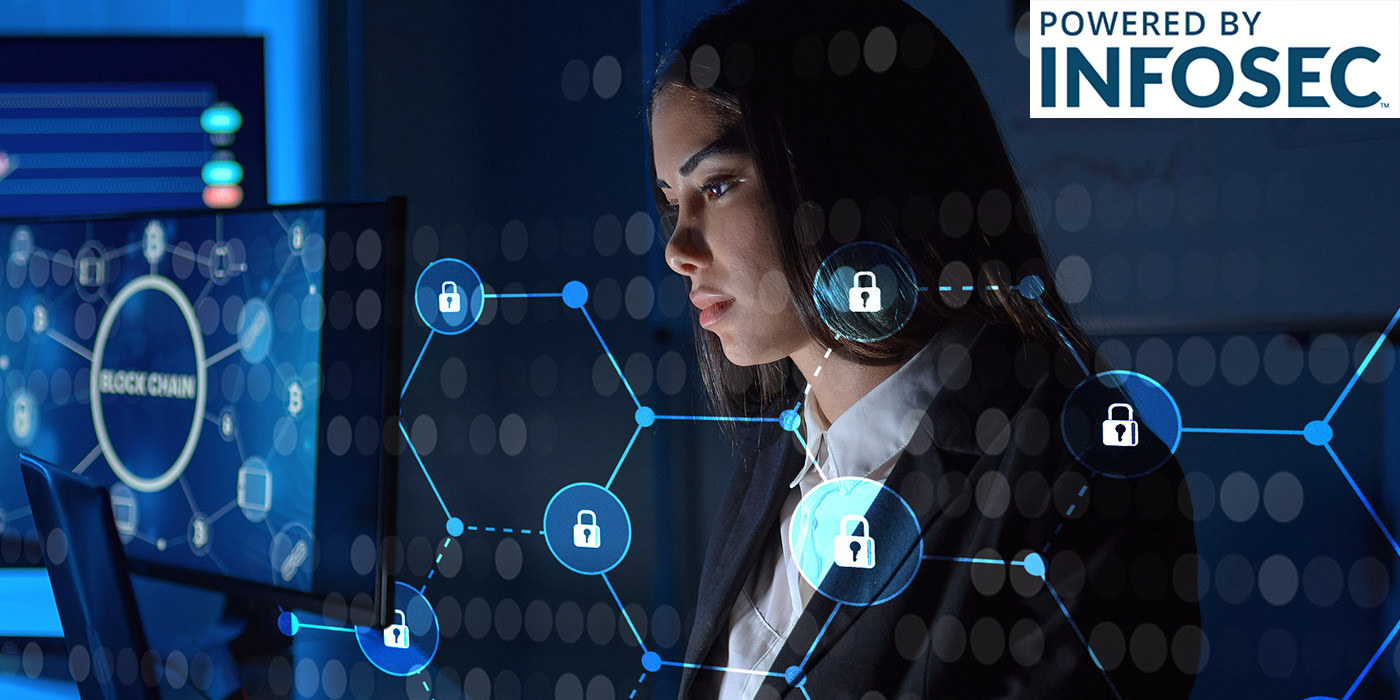 Young female with long, dark hair working on a laptop. Image overlaid with locks symbolizing cybersecurity.