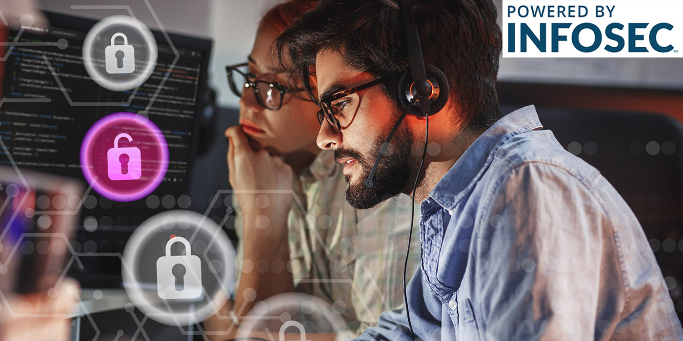 A young male and female looking at a computer screen. Superimposed over the image are padlocks symbolizing cybersecurity.