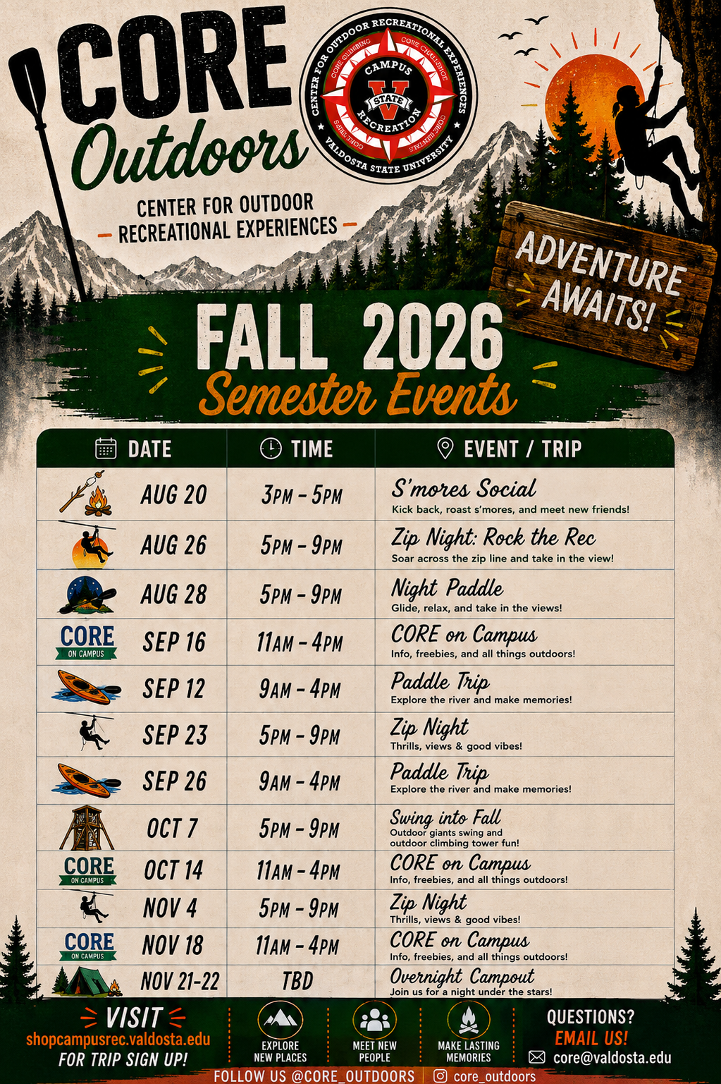CORE Outdoors Fall 2026 semester events flyer for Valdosta State University, with an illustrated mountain and forest scene and a table listing dates, times, and outdoor trips such as s’mores social, z