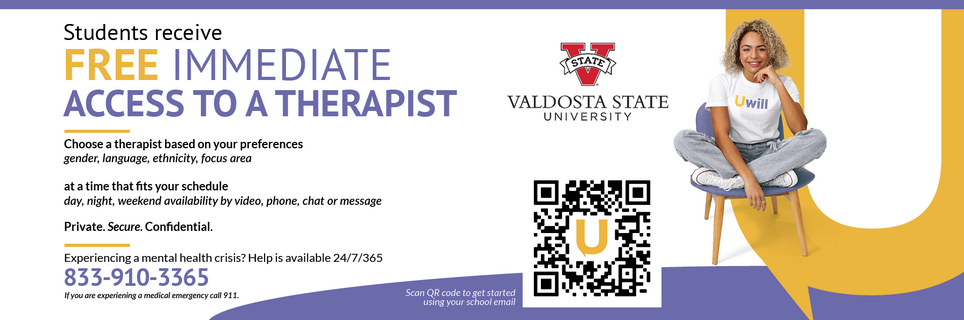 Students receive free immediate access to a therapist. Choose a therapist based on your preferences of gender, language, ethnicity, and focus area at a time that fits your schedule. Day. night, weekend availability by video, phone, or chat message. Experiencing a mental health crisis? Help is available 24/7/365. 833-910-3365.