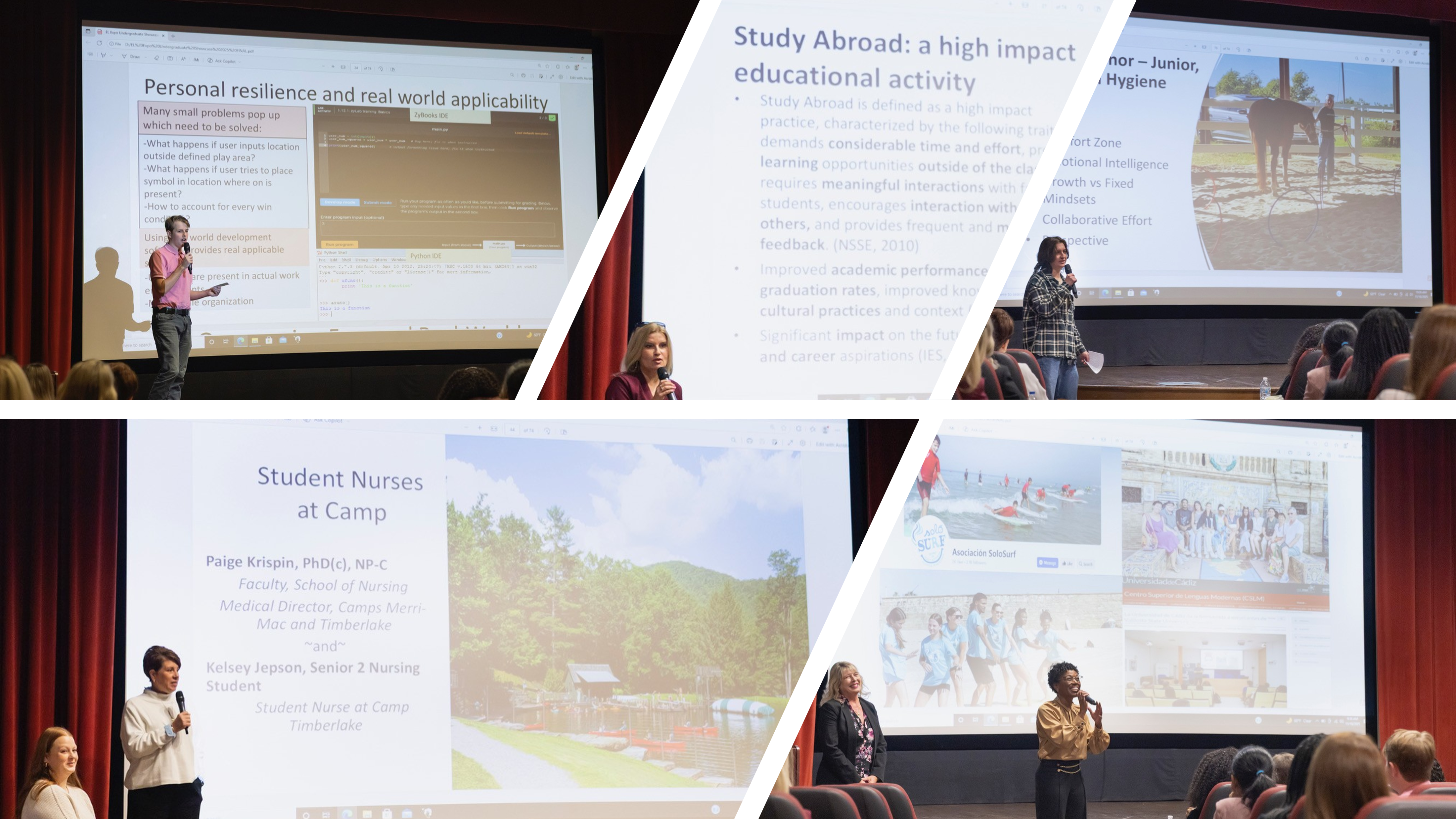 Collage of four classroom presentations, with speakers addressing an audience in front of projected lecture slides on topics like resilience, study abroad, nursing camp, and international activities.